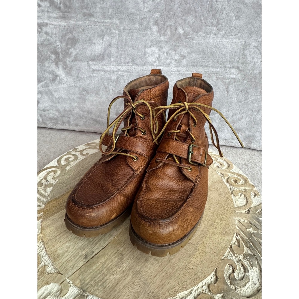 Polo Ralph Lauren Redmond Tan Pebbled Leather Moc Toe Ranger Boots Mens 10.5 D